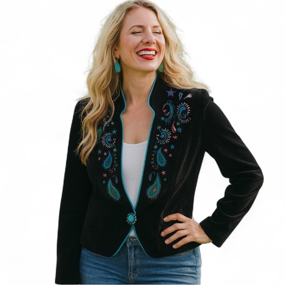 Double D Ranch Jackets & Blazers - Double D Ranch Scout velvet heavily embroidered turquoise studded jacket EUC